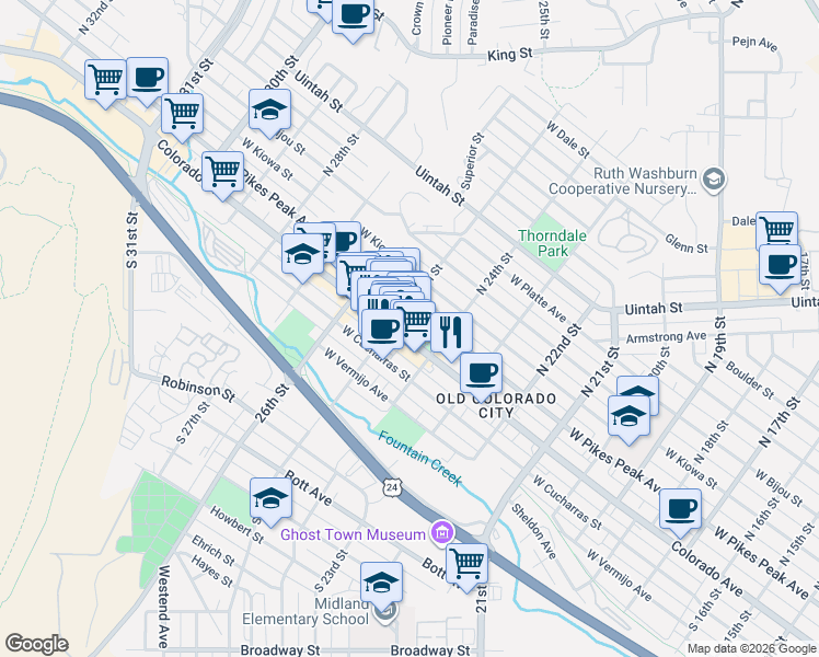 map of restaurants, bars, coffee shops, grocery stores, and more near 2422 West Colorado Avenue in Colorado Springs