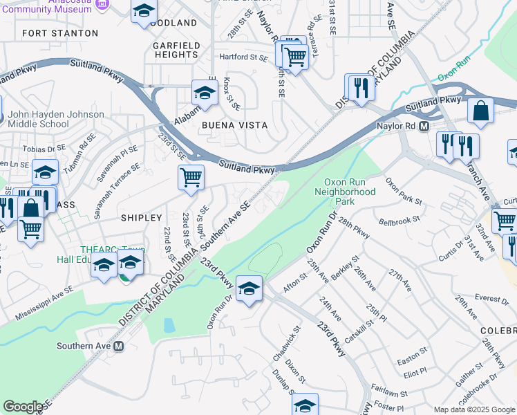 map of restaurants, bars, coffee shops, grocery stores, and more near 2603 Southern Avenue Southeast in Hillcrest Heights
