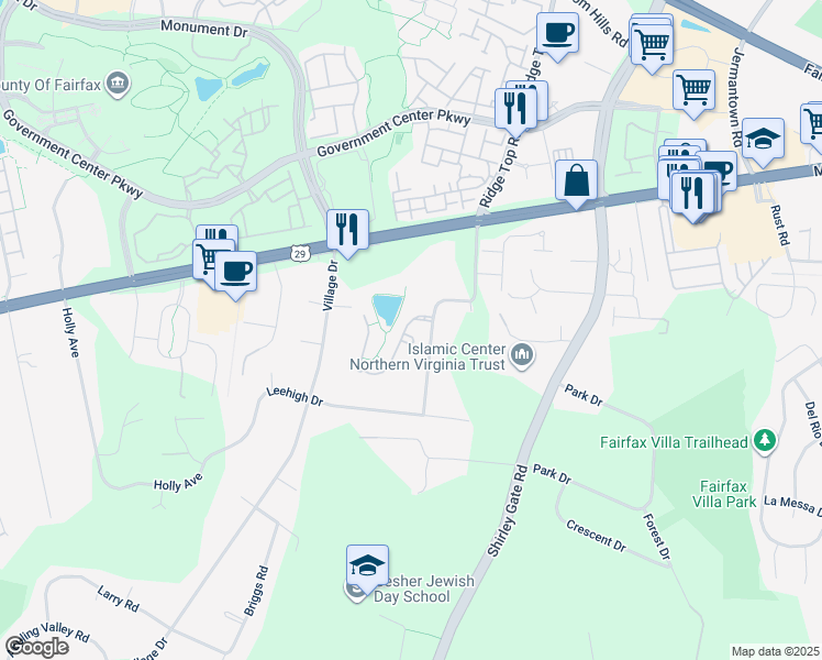 map of restaurants, bars, coffee shops, grocery stores, and more near 11601 Forest Hill Court in Fairfax