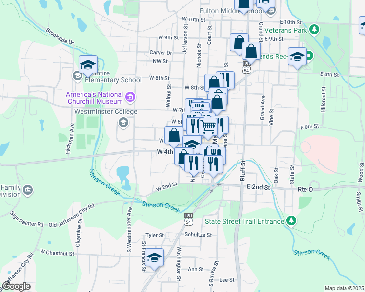 map of restaurants, bars, coffee shops, grocery stores, and more near 118 West 5th Street in Fulton