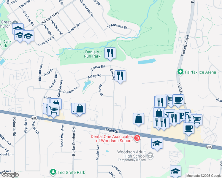 map of restaurants, bars, coffee shops, grocery stores, and more near 3807 Estel Road in Fairfax