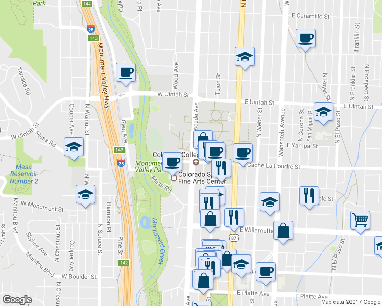 map of restaurants, bars, coffee shops, grocery stores, and more near 930 North Cascade Avenue in Colorado Springs