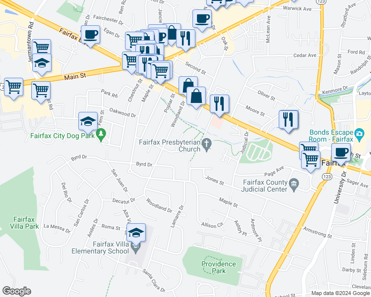 map of restaurants, bars, coffee shops, grocery stores, and more near 10780 Crest Street in Fairfax