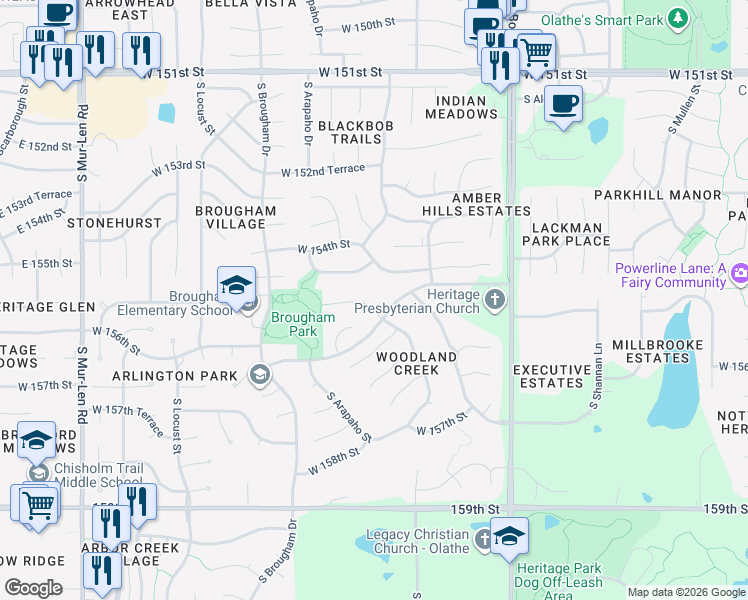 map of restaurants, bars, coffee shops, grocery stores, and more near 15593 South Blackfoot Street in Olathe
