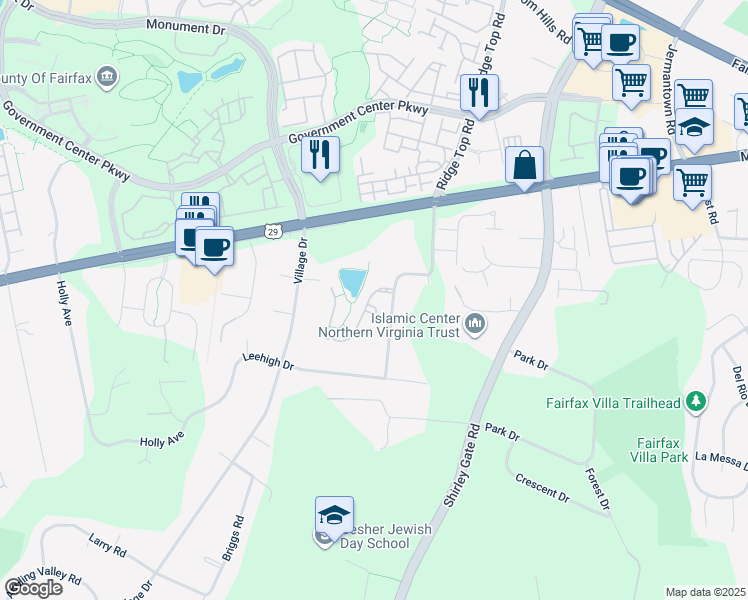 map of restaurants, bars, coffee shops, grocery stores, and more near 11601 Forest Hill Court in Fairfax