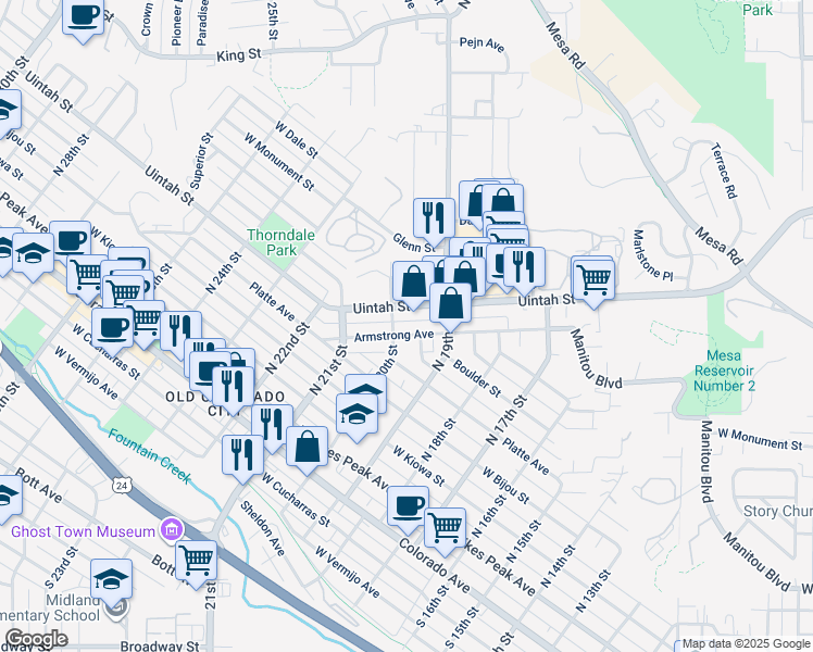 map of restaurants, bars, coffee shops, grocery stores, and more near 1938 Armstrong Avenue in Colorado Springs