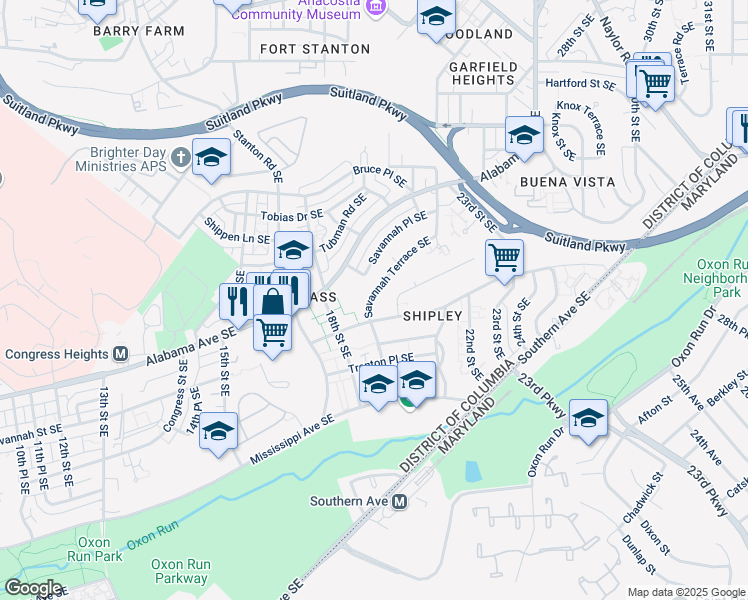 map of restaurants, bars, coffee shops, grocery stores, and more near 1905 Savannah Terrace Southeast in Washington