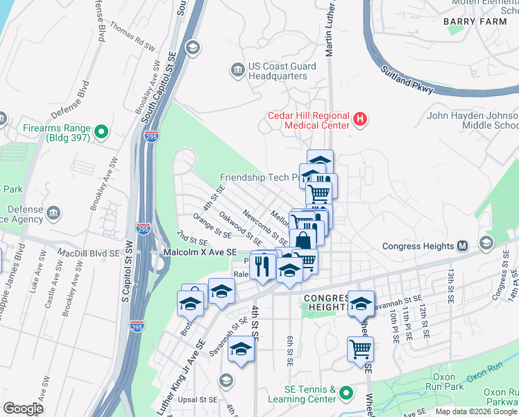 map of restaurants, bars, coffee shops, grocery stores, and more near 465 Mellon Street Southeast in Washington