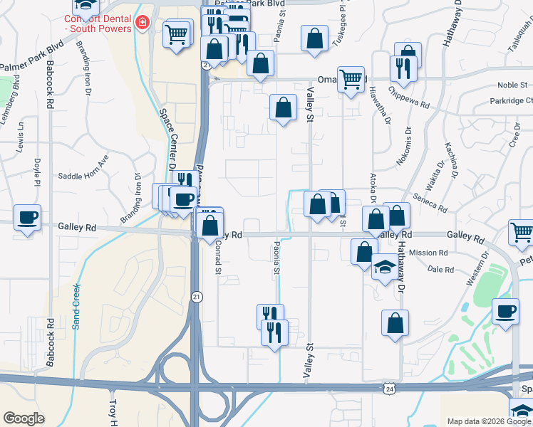 map of restaurants, bars, coffee shops, grocery stores, and more near 5840 Galley Road in Colorado Springs