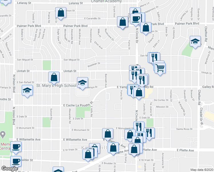 map of restaurants, bars, coffee shops, grocery stores, and more near 2628 East Yampa Street in Colorado Springs