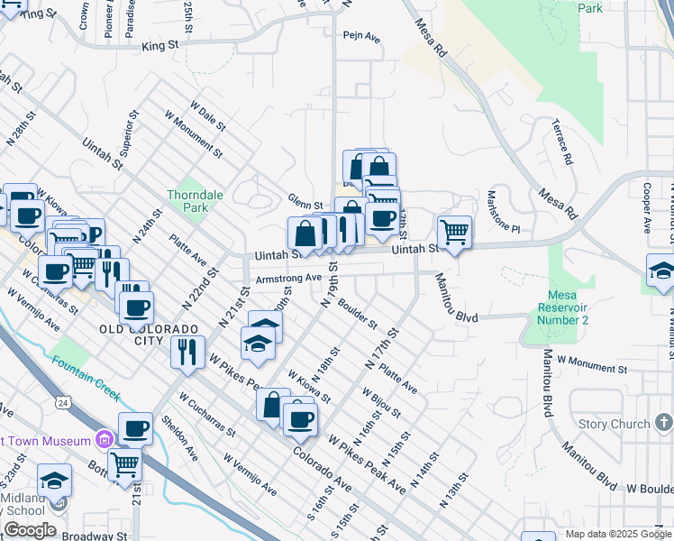 map of restaurants, bars, coffee shops, grocery stores, and more near 1902 Armstrong Avenue in Colorado Springs