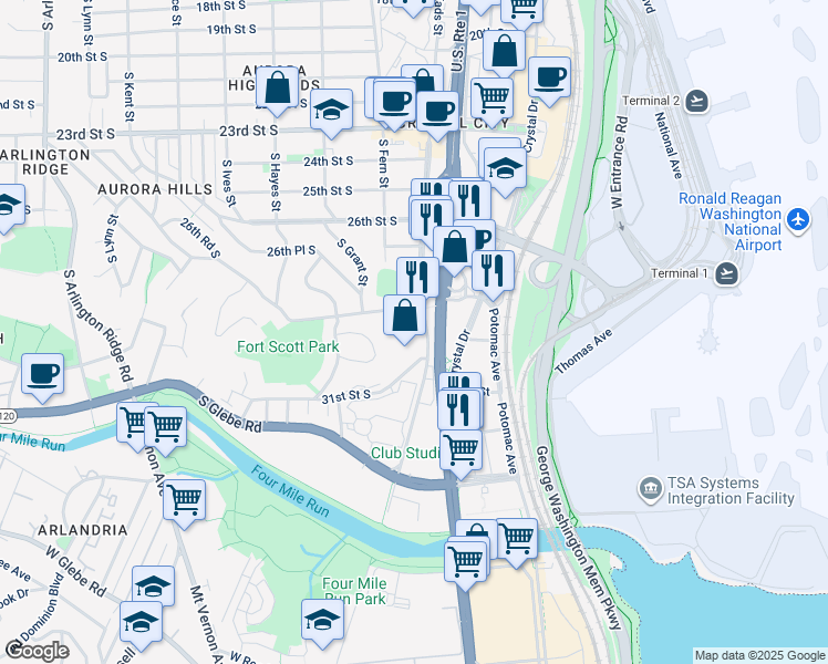 map of restaurants, bars, coffee shops, grocery stores, and more near 2900 South Eads Street in Arlington