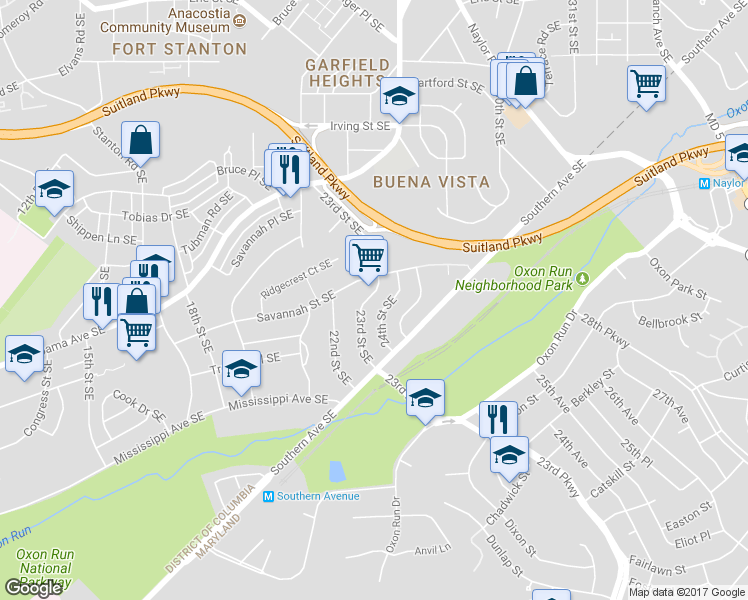 map of restaurants, bars, coffee shops, grocery stores, and more near 3418 23rd Street Southeast in Washington