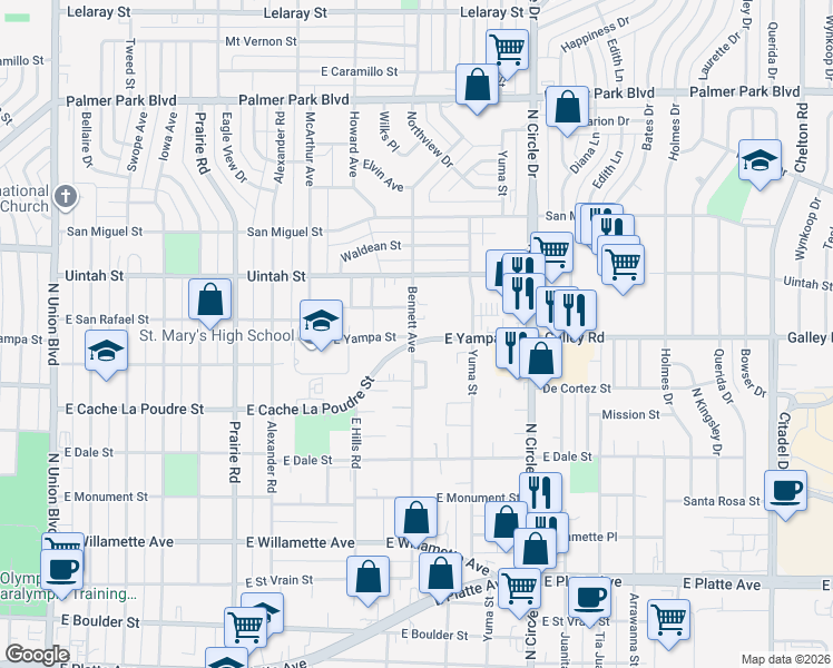 map of restaurants, bars, coffee shops, grocery stores, and more near 2628 East Yampa Street in Colorado Springs