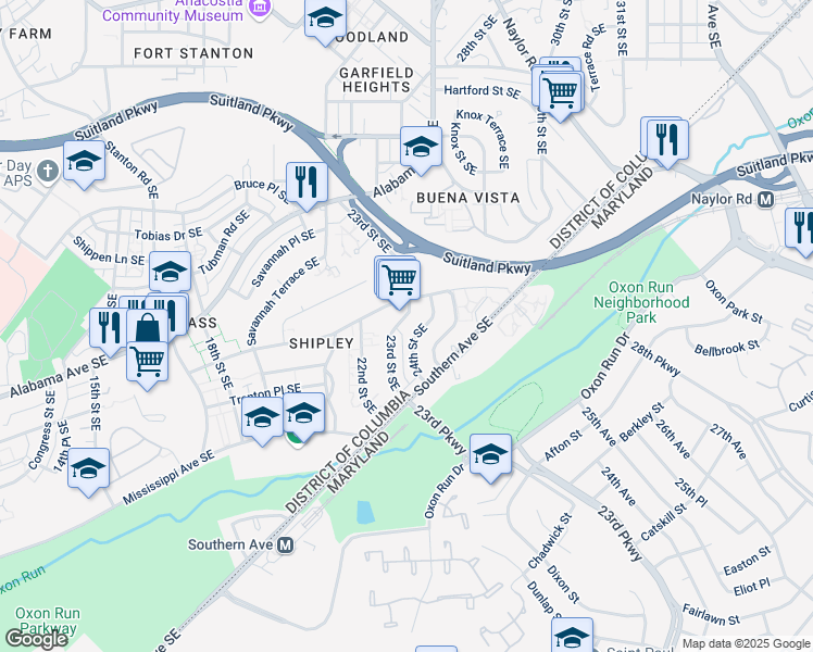 map of restaurants, bars, coffee shops, grocery stores, and more near 3418 23rd Street Southeast in Washington