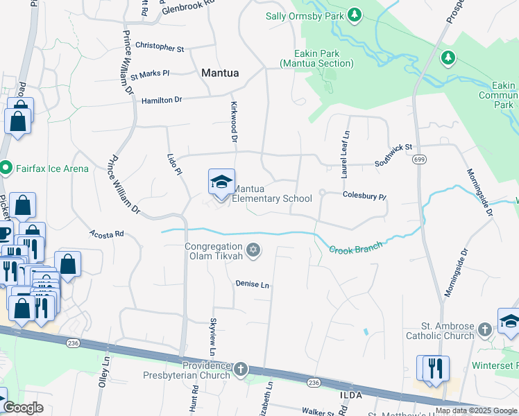 map of restaurants, bars, coffee shops, grocery stores, and more near 9008 Colesbury Place in Fairfax