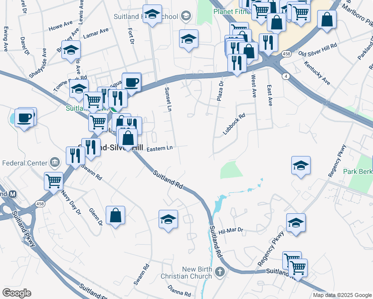 map of restaurants, bars, coffee shops, grocery stores, and more near 4861 Eastern Lane in Hillcrest Heights