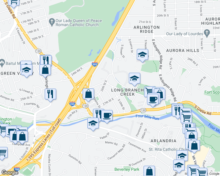 map of restaurants, bars, coffee shops, grocery stores, and more near 2616 South Uhle Street in Arlington