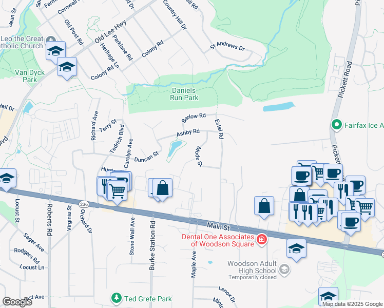 map of restaurants, bars, coffee shops, grocery stores, and more near 9810 Perrott Court in Fairfax