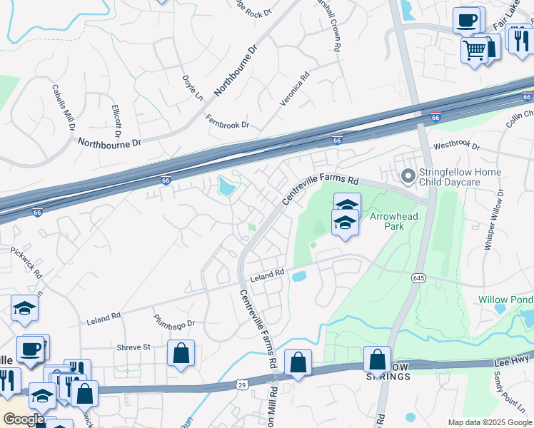 map of restaurants, bars, coffee shops, grocery stores, and more near 13518 Prairie Mallow Lane in Centreville