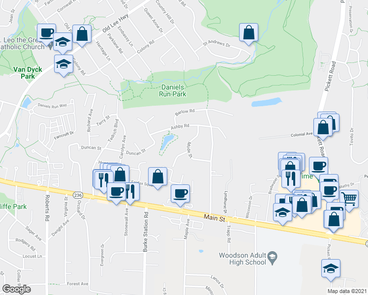 map of restaurants, bars, coffee shops, grocery stores, and more near 9810 Perrott Court in Fairfax