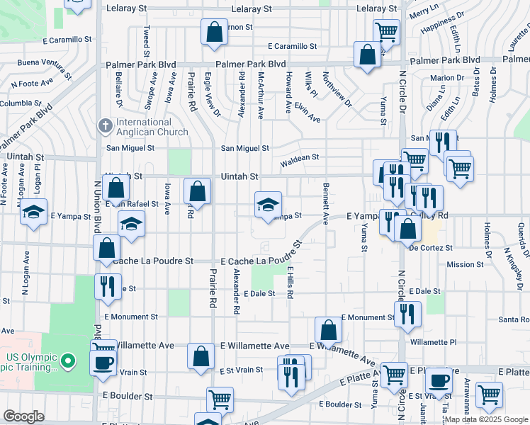 map of restaurants, bars, coffee shops, grocery stores, and more near 2504 East Yampa Street in Colorado Springs