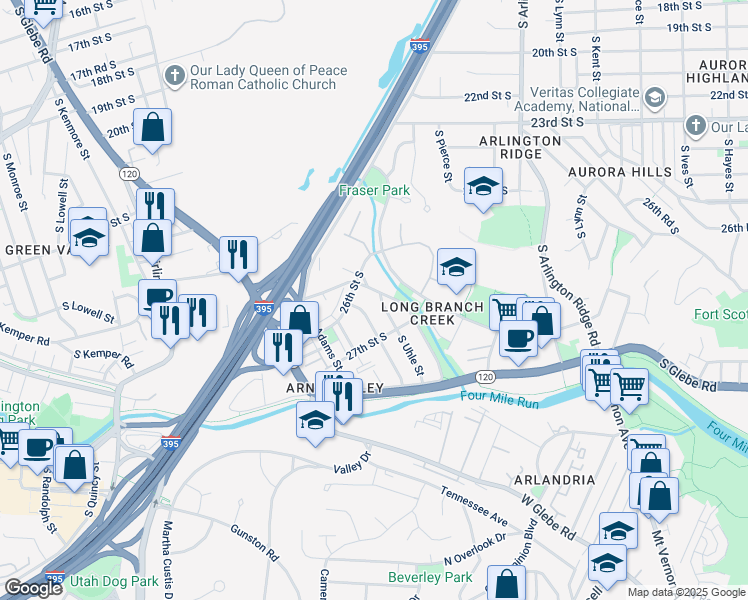 map of restaurants, bars, coffee shops, grocery stores, and more near 2616 South Uhle Street in Arlington