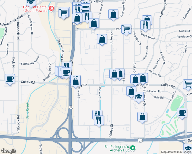 map of restaurants, bars, coffee shops, grocery stores, and more near 5840 Galley Road in Colorado Springs