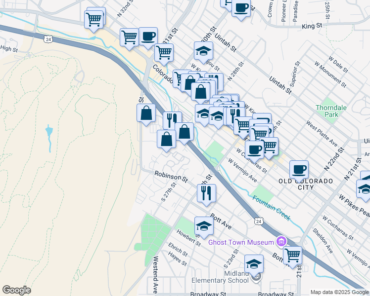 map of restaurants, bars, coffee shops, grocery stores, and more near 2725 Ore Mill Road in Colorado Springs