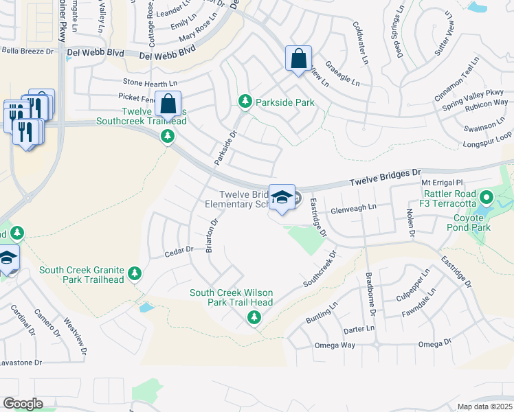 map of restaurants, bars, coffee shops, grocery stores, and more near 319 Arroyo Madrone Court in Lincoln