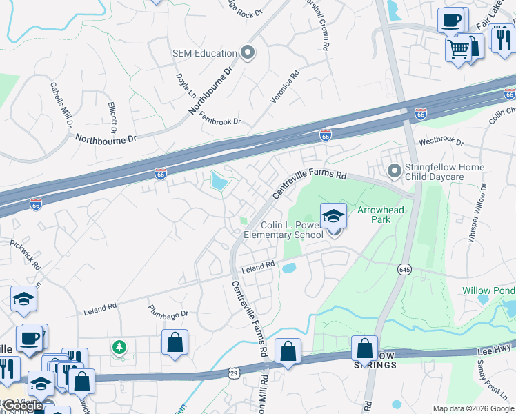 map of restaurants, bars, coffee shops, grocery stores, and more near 13518 Prairie Mallow Lane in Centreville