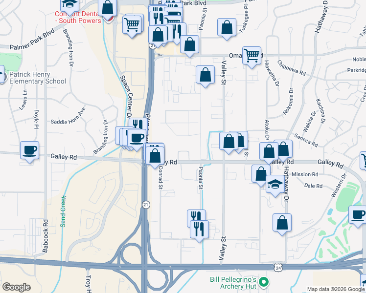 map of restaurants, bars, coffee shops, grocery stores, and more near 5840 Galley Road in Colorado Springs