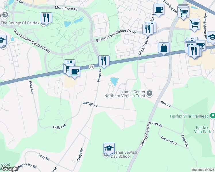 map of restaurants, bars, coffee shops, grocery stores, and more near 11645 Forest Hill Court in Fairfax