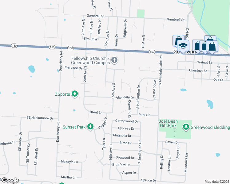map of restaurants, bars, coffee shops, grocery stores, and more near 1704 Allendale Drive in Greenwood
