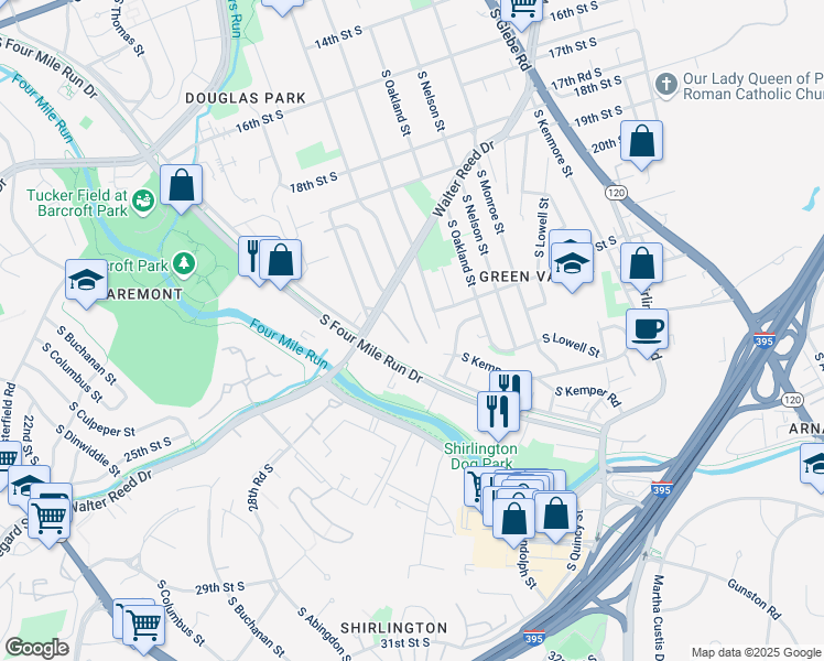 map of restaurants, bars, coffee shops, grocery stores, and more near 2124 South Quincy Street in Arlington
