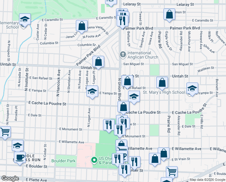 map of restaurants, bars, coffee shops, grocery stores, and more near 1718 East Yampa Street in Colorado Springs