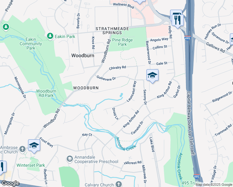 map of restaurants, bars, coffee shops, grocery stores, and more near 8221 Robey Avenue in Annandale
