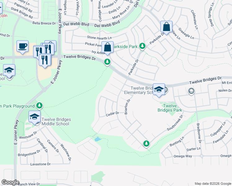 map of restaurants, bars, coffee shops, grocery stores, and more near 1304 Crystal Hollow Court in Lincoln