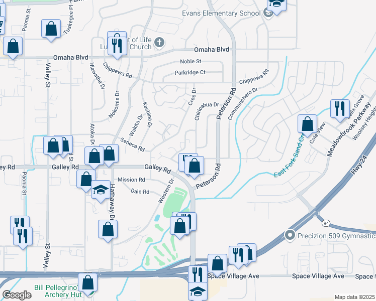 map of restaurants, bars, coffee shops, grocery stores, and more near 1052 Chiricahua Drive in Colorado Springs