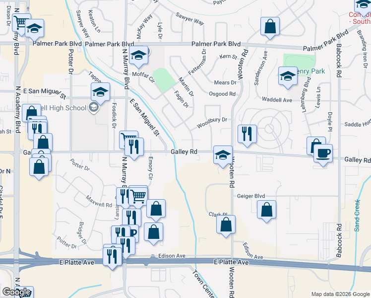 map of restaurants, bars, coffee shops, grocery stores, and more near 4516 Galley Road in Colorado Springs