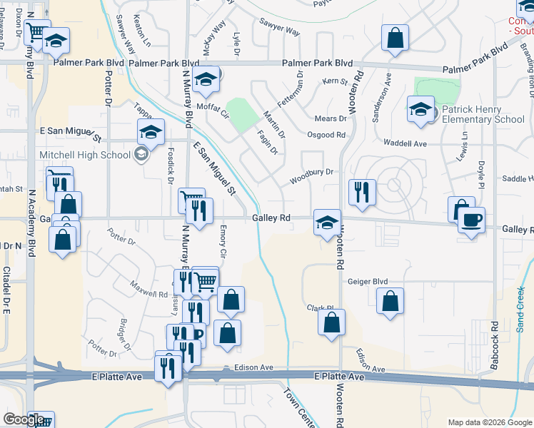 map of restaurants, bars, coffee shops, grocery stores, and more near 4516 Galley Road in Colorado Springs
