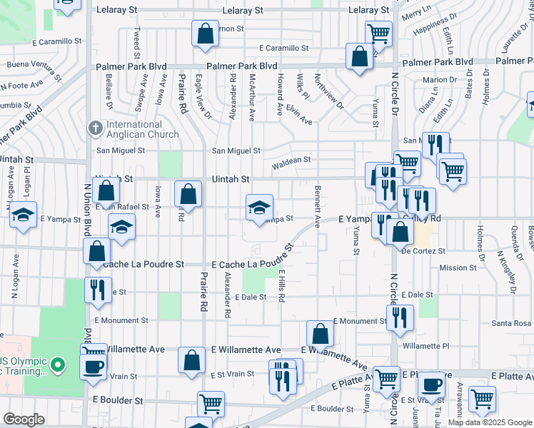 map of restaurants, bars, coffee shops, grocery stores, and more near 2504 East Yampa Street in Colorado Springs