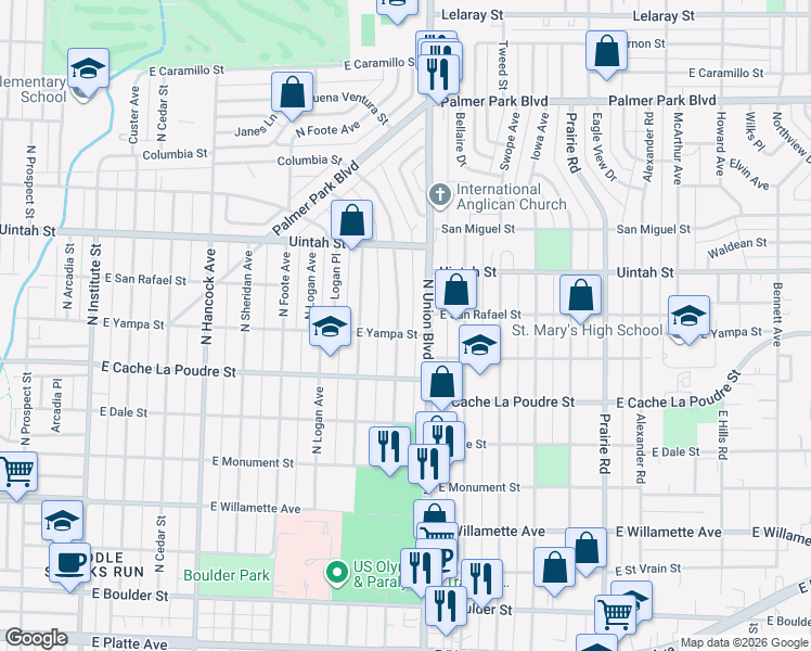 map of restaurants, bars, coffee shops, grocery stores, and more near 1718 East Yampa Street in Colorado Springs