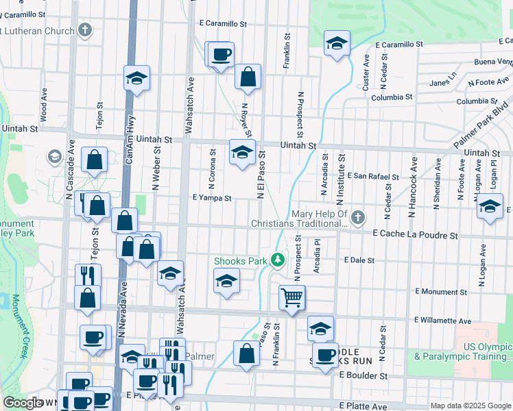 map of restaurants, bars, coffee shops, grocery stores, and more near 920 North El Paso Street in Colorado Springs
