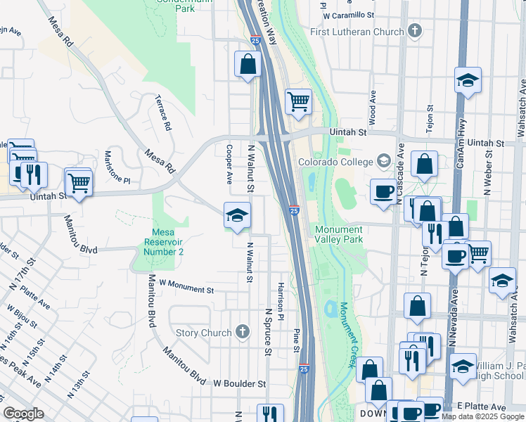 map of restaurants, bars, coffee shops, grocery stores, and more near 921 North Walnut Street in Colorado Springs