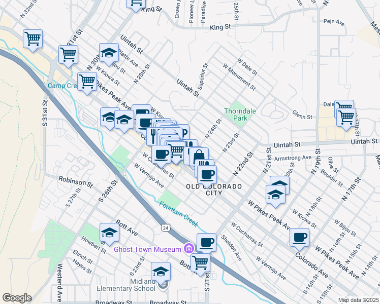 map of restaurants, bars, coffee shops, grocery stores, and more near 4 North 24th Street in Colorado Springs