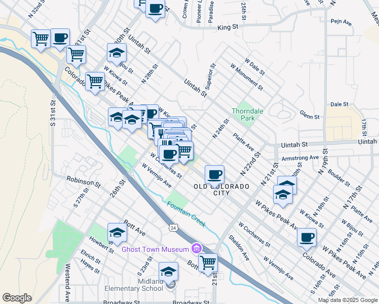 map of restaurants, bars, coffee shops, grocery stores, and more near 2418 West Colorado Avenue in Colorado Springs