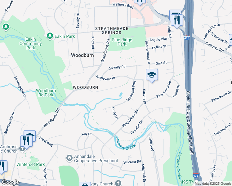 map of restaurants, bars, coffee shops, grocery stores, and more near 8221 Robey Avenue in Annandale