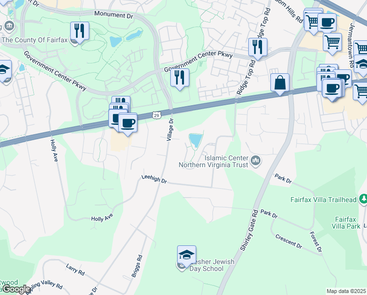map of restaurants, bars, coffee shops, grocery stores, and more near 11645 Forest Hill Court in Fairfax