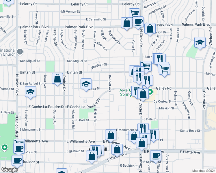 map of restaurants, bars, coffee shops, grocery stores, and more near 2630 East Yampa Street in Colorado Springs